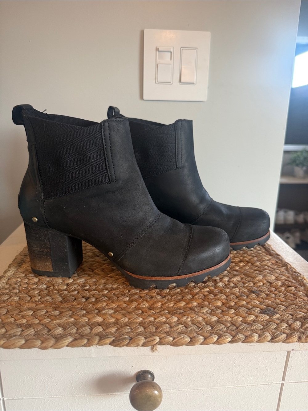 Sorel Black Chunky Heel Ankle Boots